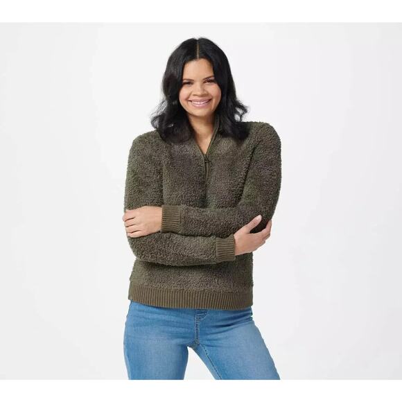 Barefoot Dreams CozyChic Shearling Half-Zip Olive Pullover Sweater Size Medium - Picture 1 of 7